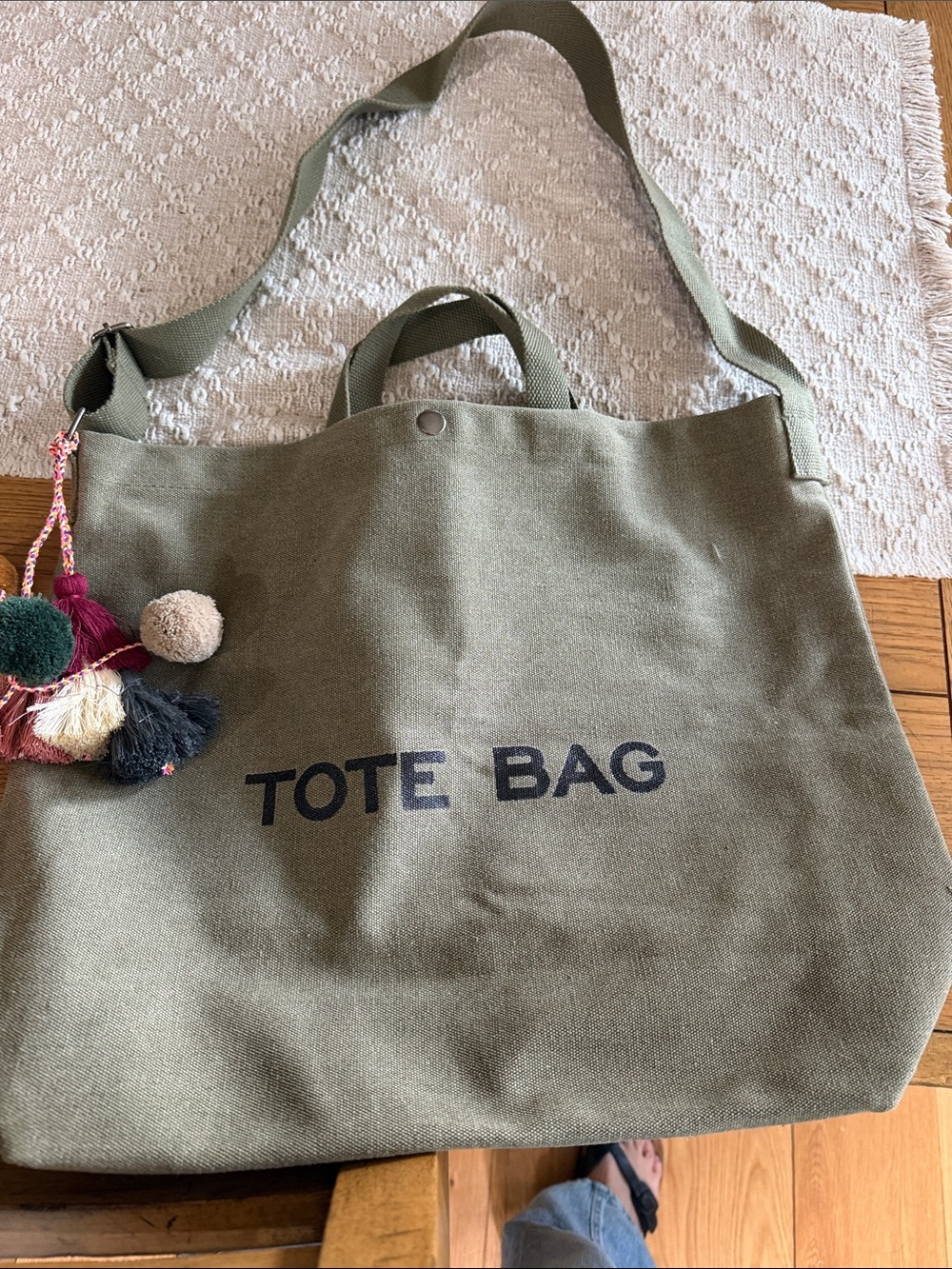Olive Canvas Tote Bag with Tassel Charm - Casual Everyday Carry
